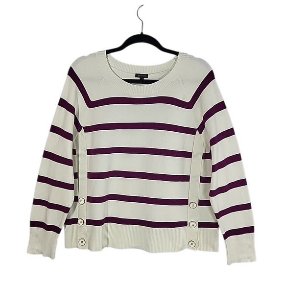 Talbots Button Detail Crewneck Sweater Mariner Stripe Ivory Magenta XL Nautical - Picture 2 of 11